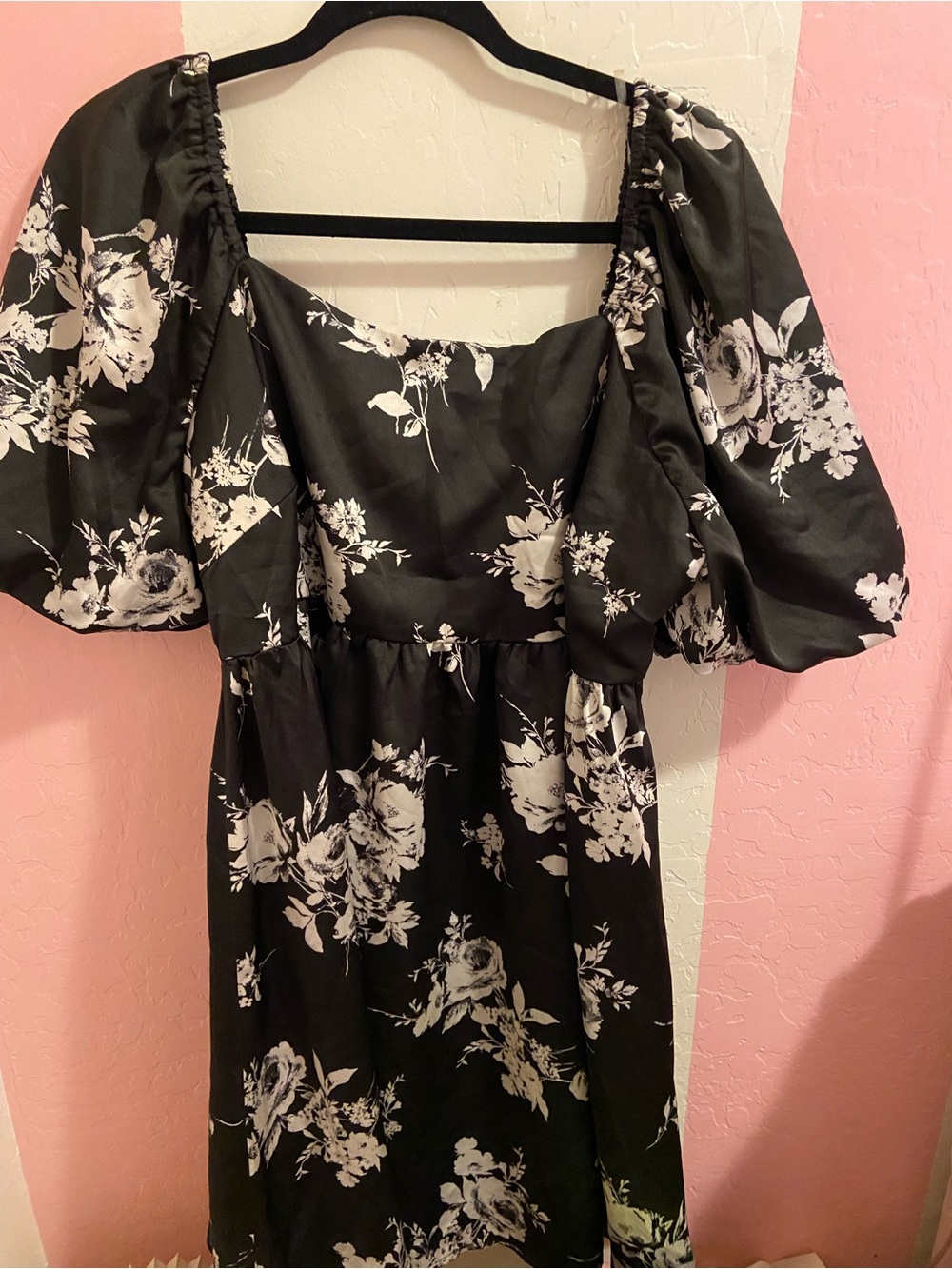 Inspire Black Midi Dress with White Floral Print and Puff Sleeves